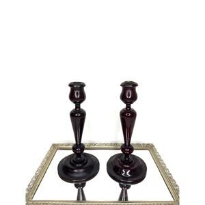 Set of Two Vintage Old Antique Turned Dark Wooden Candle Sticks